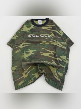 Y2K Ringer T-Shirt Camo “Now You Can’t See Me” Size XL Vintage Tee 2001